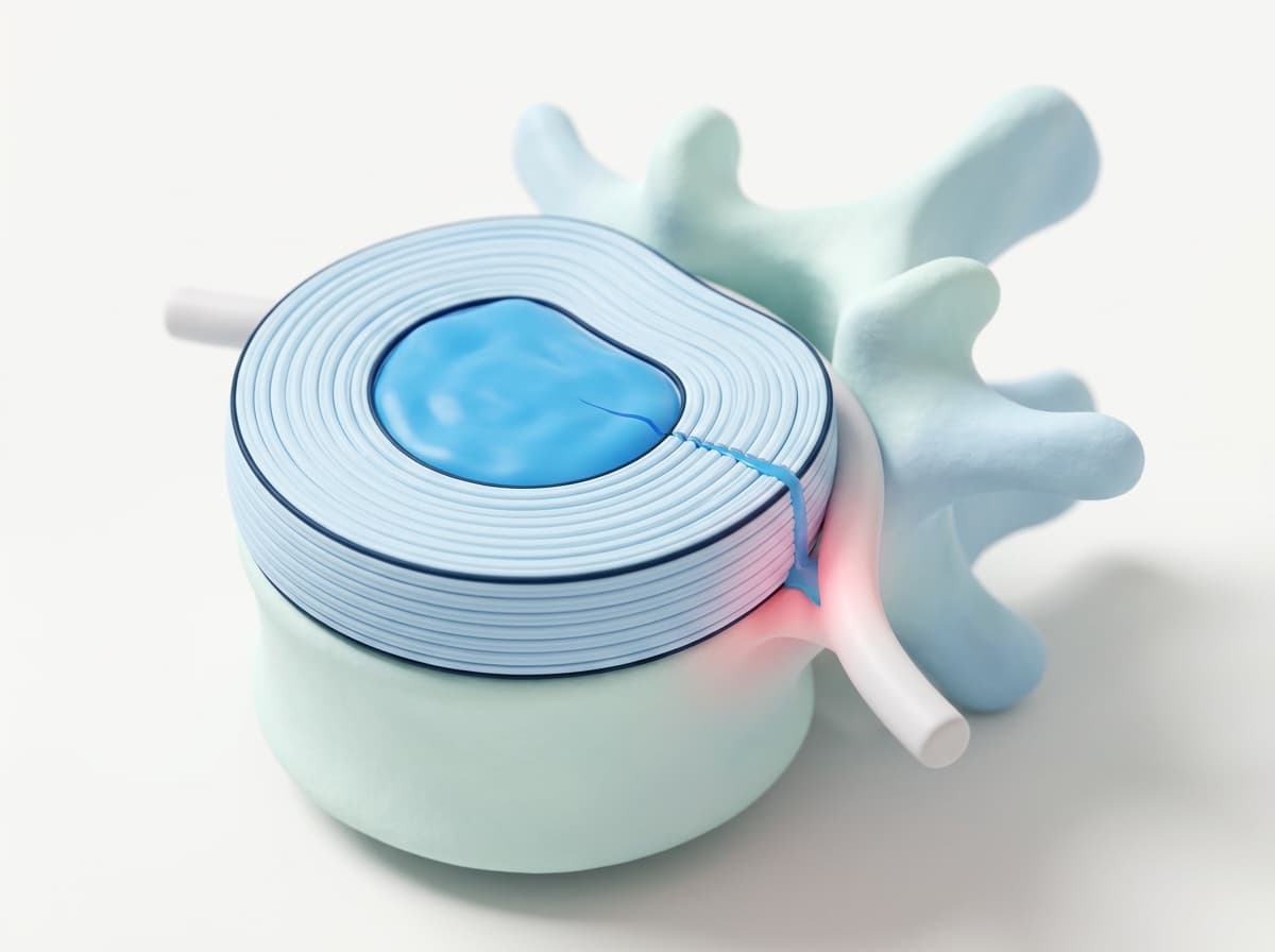 Illustration of a spinal disc with a tear through its outer ring, material from the centre seeping toward a nearby nerve root.