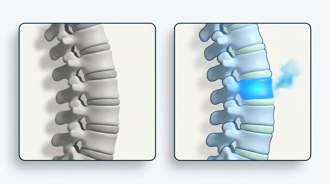 Two views of the same spine segment: a grayscale scan where every disc looks similar, beside a line illustration where one disc is highlighted and leaking.
