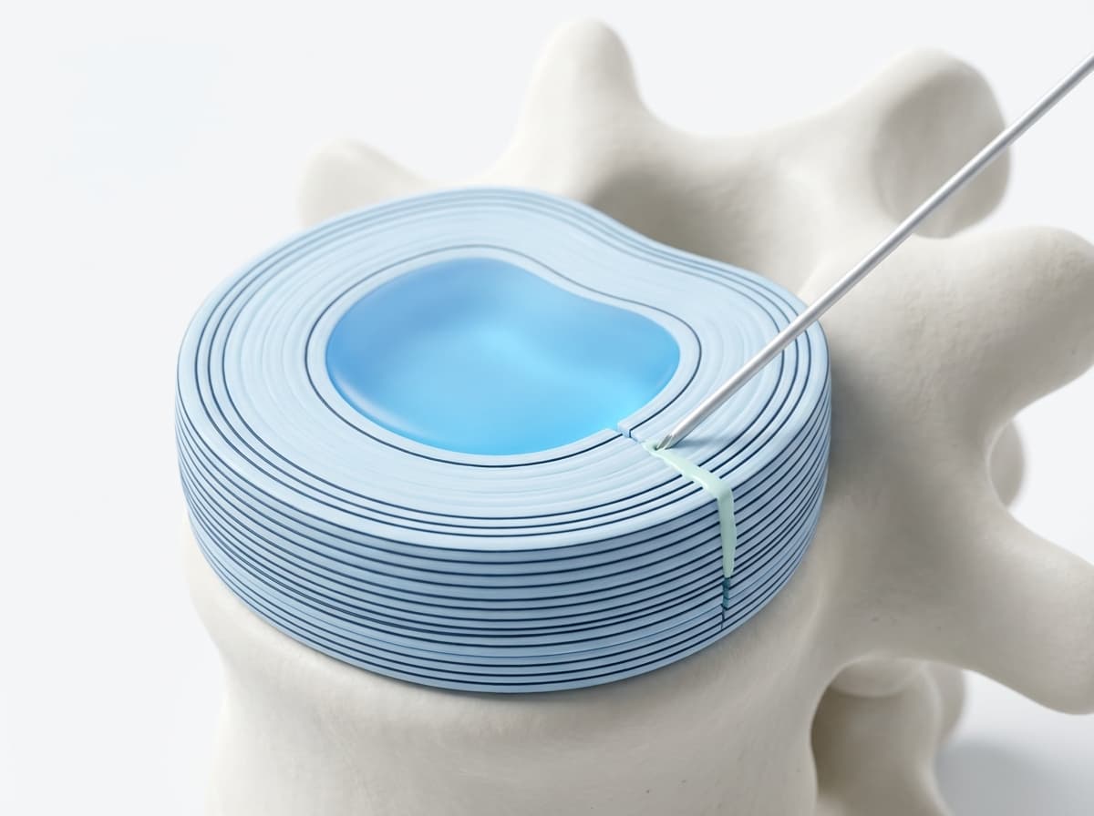 Illustration of a fine needle resting in the tear of a spinal disc, with sealant settling into the tear.